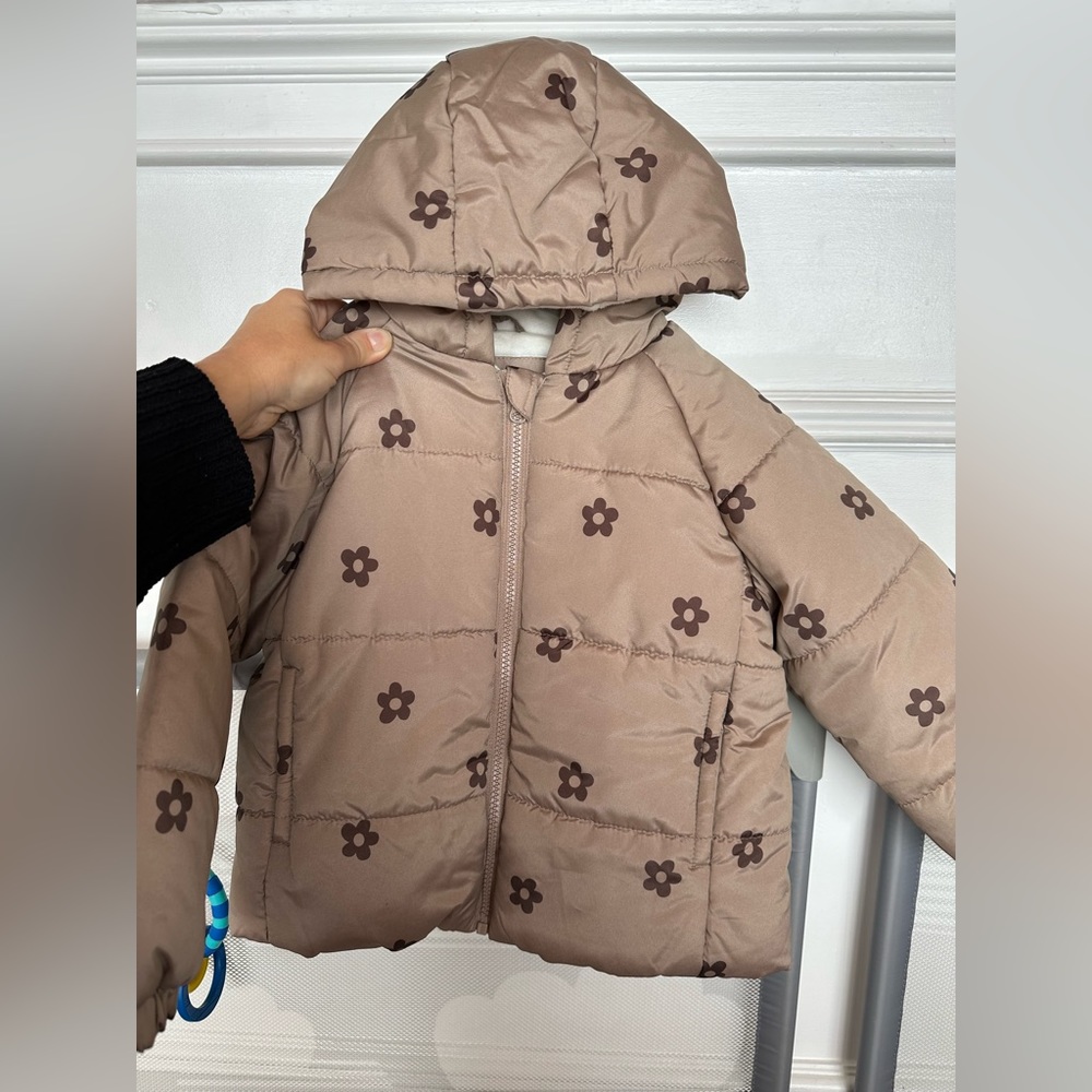 toddler girl puffer jacket neutral brown